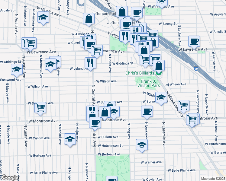 map of restaurants, bars, coffee shops, grocery stores, and more near 4550 North Linder Avenue in Chicago