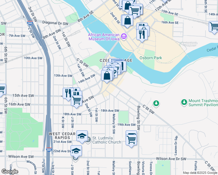 map of restaurants, bars, coffee shops, grocery stores, and more near 102 16th Avenue Southwest in Cedar Rapids