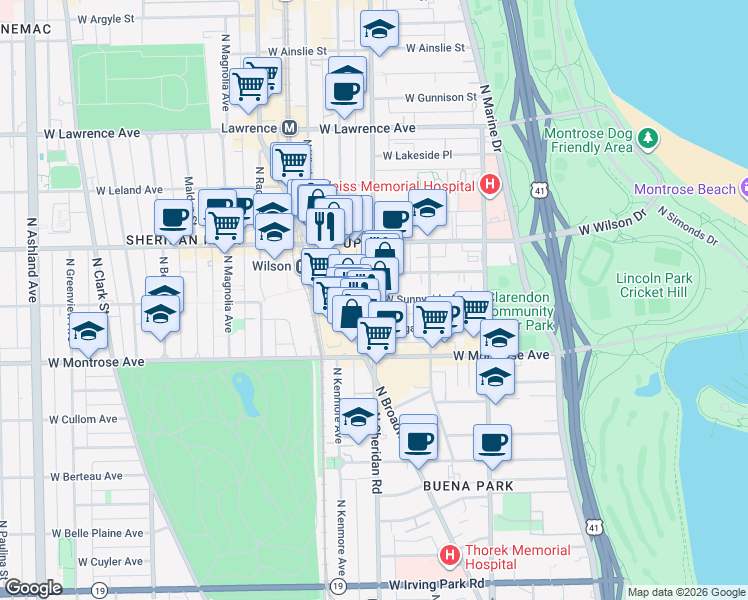 map of restaurants, bars, coffee shops, grocery stores, and more near N Sheridan Rd & W Sunnyside Ave in Chicago