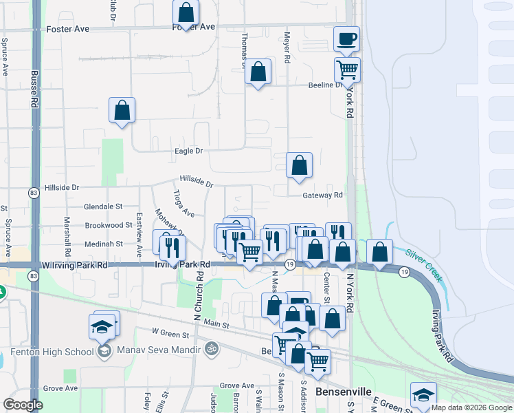 map of restaurants, bars, coffee shops, grocery stores, and more near 245 North Walnut Street in Bensenville