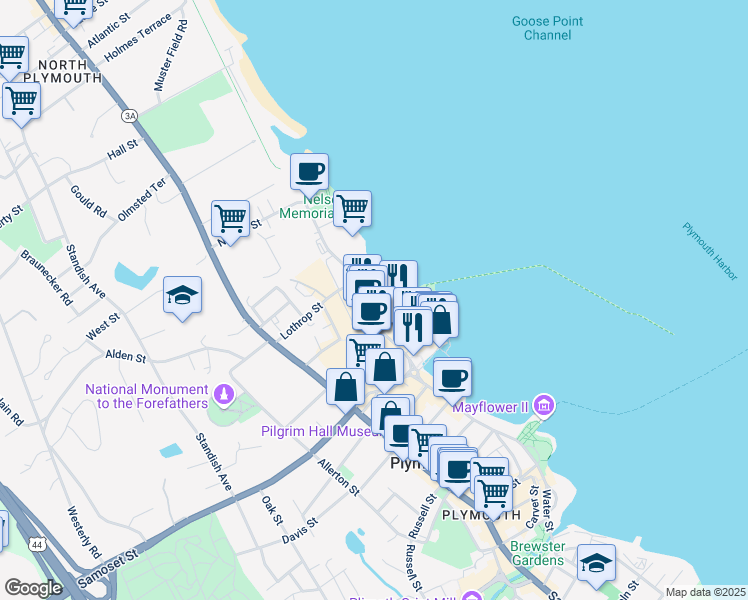 map of restaurants, bars, coffee shops, grocery stores, and more near 197 Water Street in Plymouth