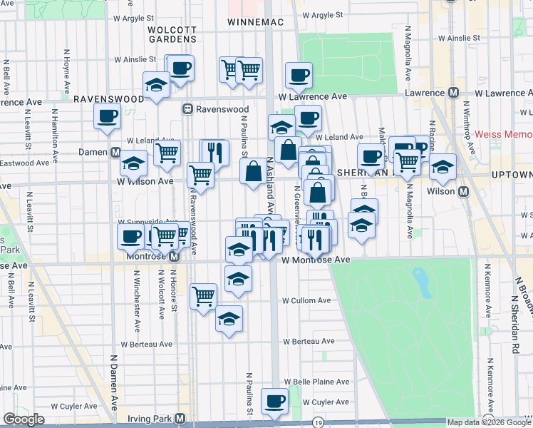 map of restaurants, bars, coffee shops, grocery stores, and more near 4517 North Ashland Avenue in Chicago