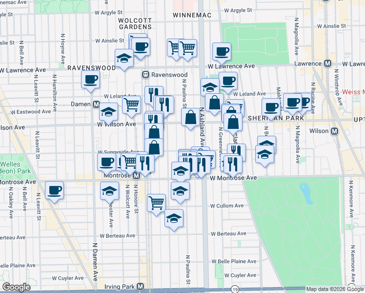 map of restaurants, bars, coffee shops, grocery stores, and more near 4502 North Paulina Street in Chicago