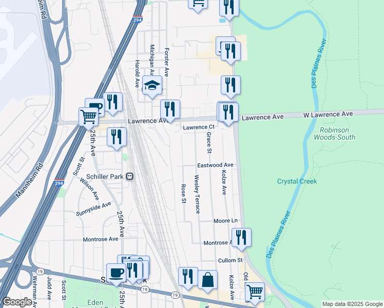 map of restaurants, bars, coffee shops, grocery stores, and more near 4662 Wesley Terrace in Schiller Park