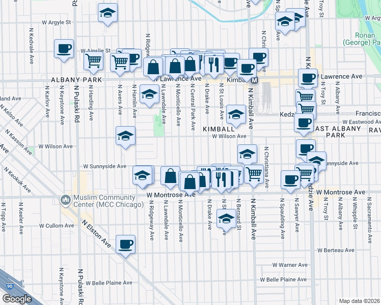 map of restaurants, bars, coffee shops, grocery stores, and more near 4536 North Central Park Avenue in Chicago