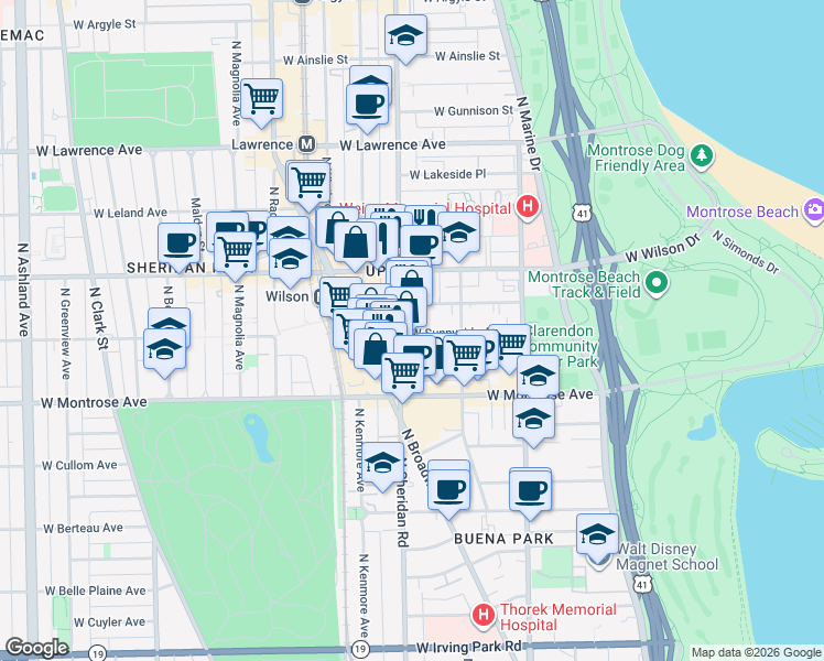 map of restaurants, bars, coffee shops, grocery stores, and more near 936 West Sunnyside Avenue in Chicago