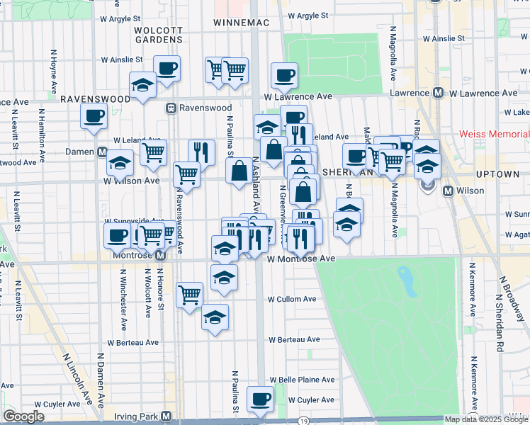 map of restaurants, bars, coffee shops, grocery stores, and more near 4517 North Ashland Avenue in Chicago