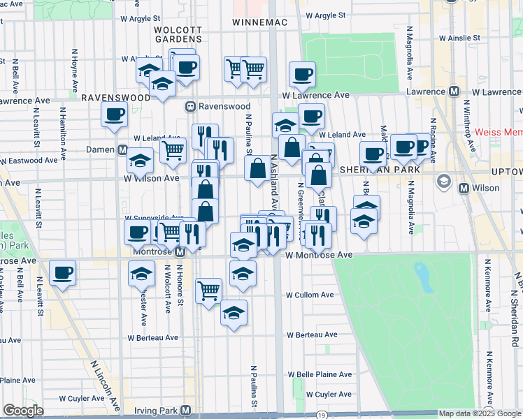 map of restaurants, bars, coffee shops, grocery stores, and more near 4517 North Paulina Street in Chicago