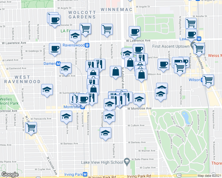 map of restaurants, bars, coffee shops, grocery stores, and more near 4517 North Paulina Street in Chicago