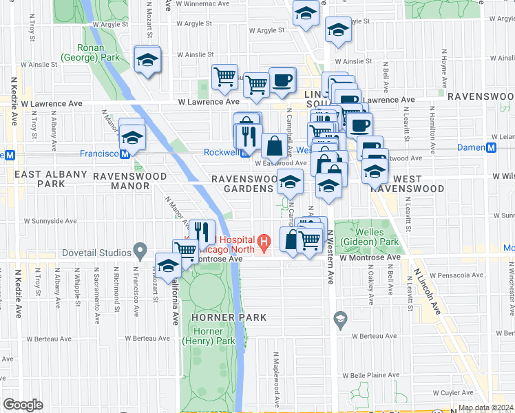 map of restaurants, bars, coffee shops, grocery stores, and more near 4526 North Maplewood Avenue in Chicago