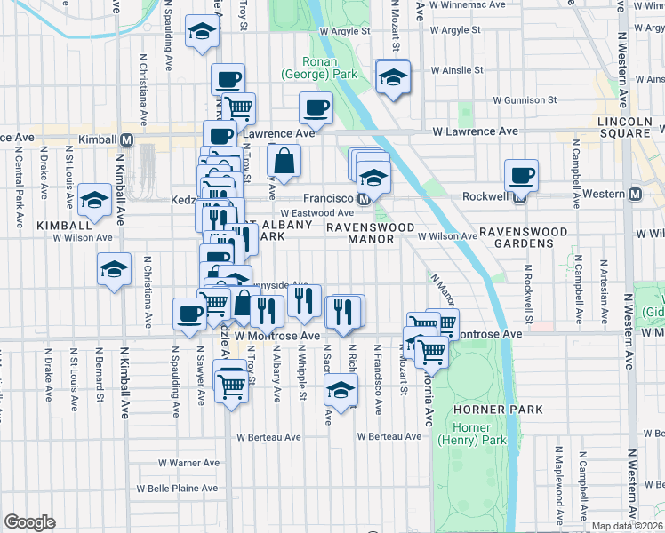 map of restaurants, bars, coffee shops, grocery stores, and more near 4530 North Sacramento Avenue in Chicago