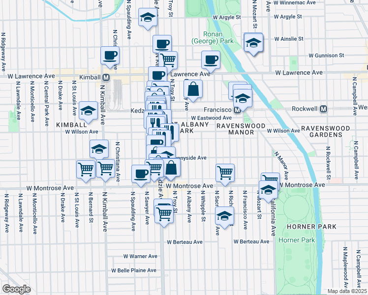 map of restaurants, bars, coffee shops, grocery stores, and more near 4531 North Troy Street in Chicago