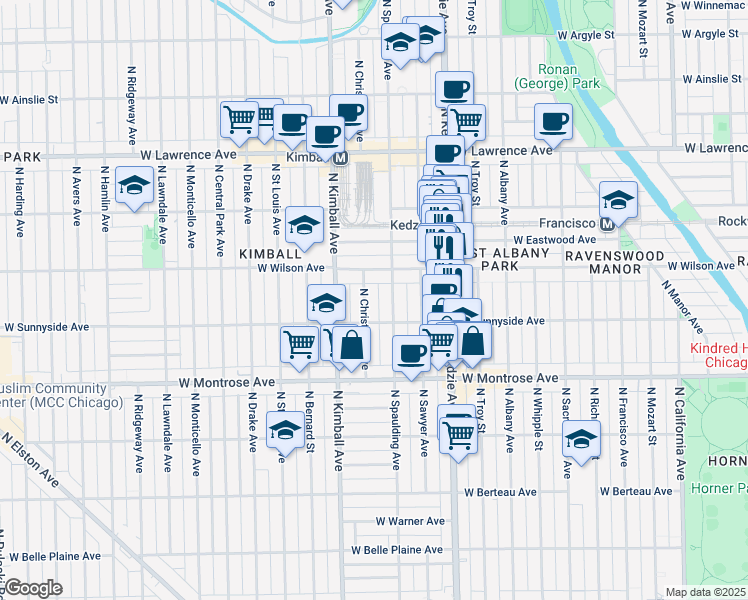 map of restaurants, bars, coffee shops, grocery stores, and more near 4532 North Spaulding Avenue in Chicago