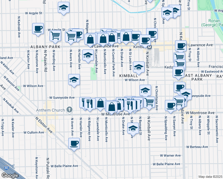 map of restaurants, bars, coffee shops, grocery stores, and more near 4536 North Central Park Avenue in Chicago