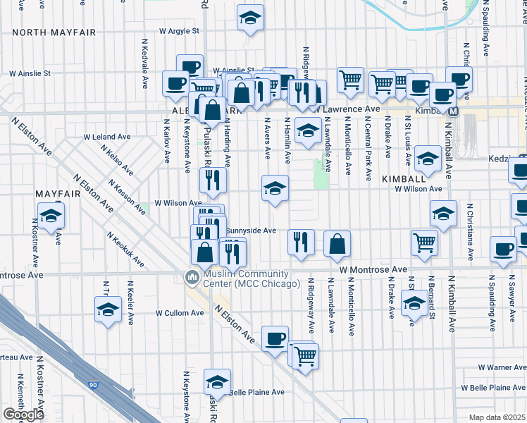 map of restaurants, bars, coffee shops, grocery stores, and more near 4538 North Avers Avenue in Chicago