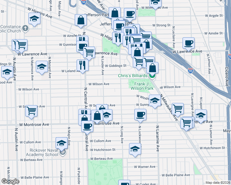 map of restaurants, bars, coffee shops, grocery stores, and more near 5425 West Wilson Avenue in Chicago