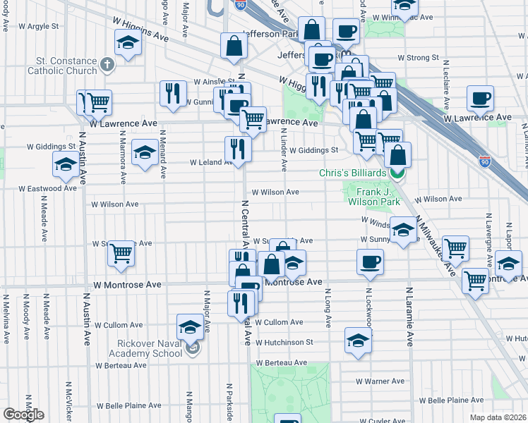 map of restaurants, bars, coffee shops, grocery stores, and more near 4549 North Central Avenue in Chicago