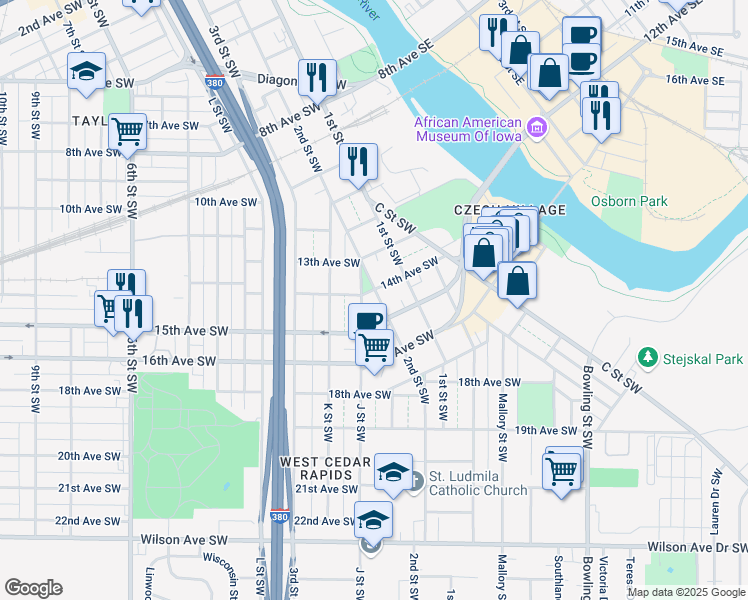 map of restaurants, bars, coffee shops, grocery stores, and more near 187-199 14th Avenue Southwest in Cedar Rapids