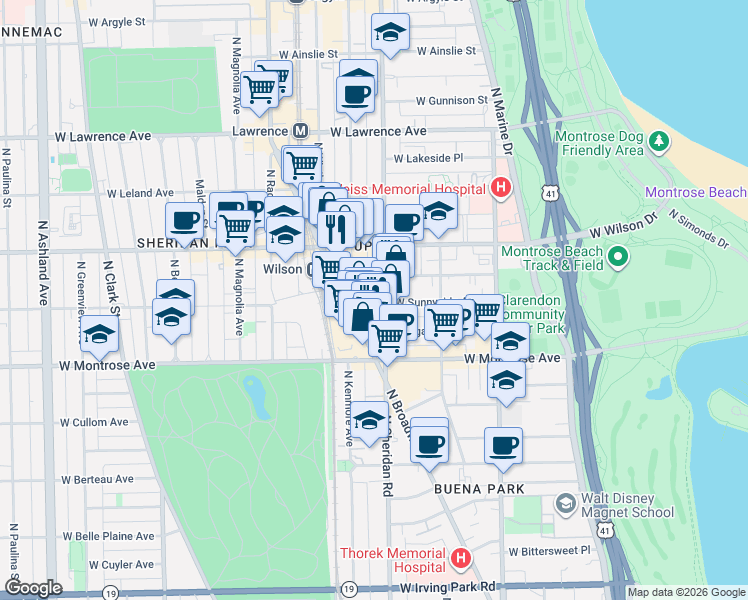 map of restaurants, bars, coffee shops, grocery stores, and more near 4500 North Sheridan Road in Chicago