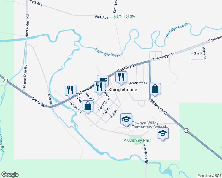 map of restaurants, bars, coffee shops, grocery stores, and more near Puritan Avenue in Shinglehouse