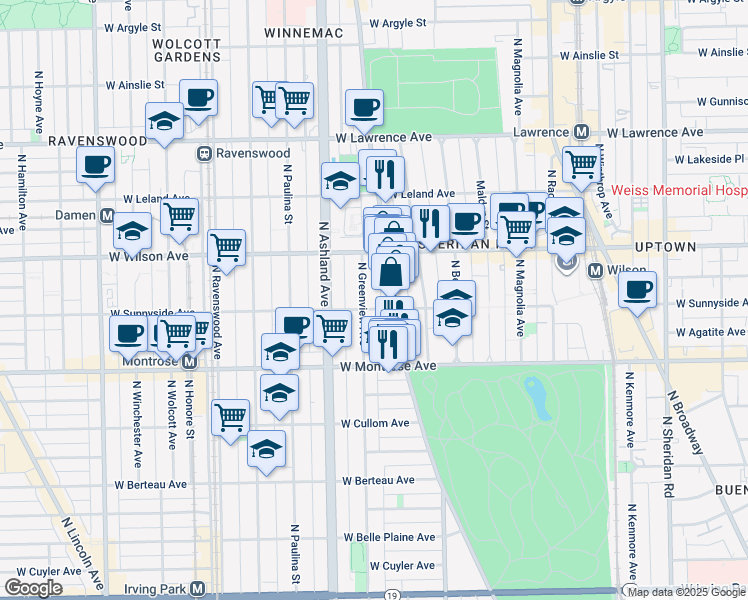 map of restaurants, bars, coffee shops, grocery stores, and more near 4517 North Greenview Avenue in Chicago