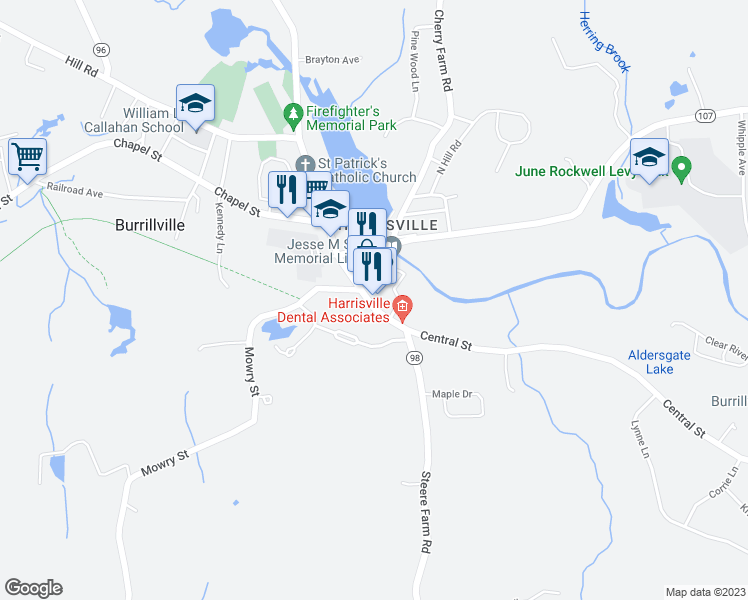 map of restaurants, bars, coffee shops, grocery stores, and more near 216 Harrisville Main Street in Burrillville
