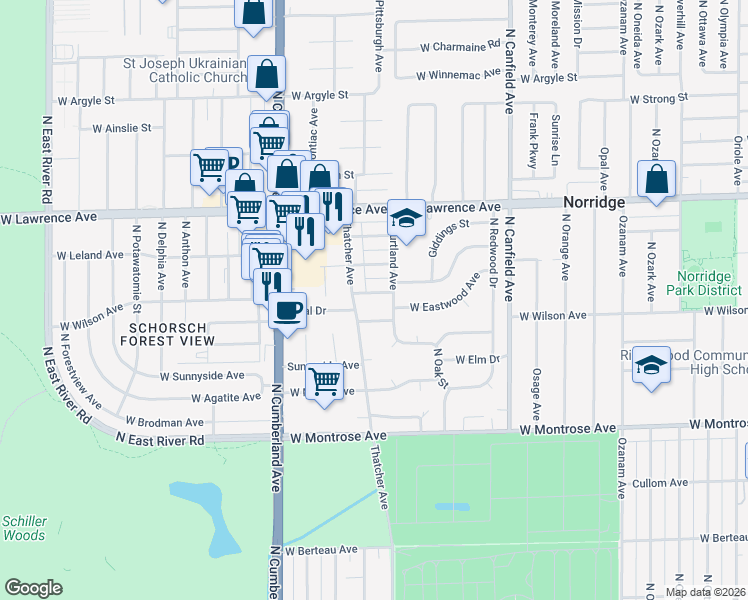 map of restaurants, bars, coffee shops, grocery stores, and more near 8215 Eastwood Avenue in Norridge