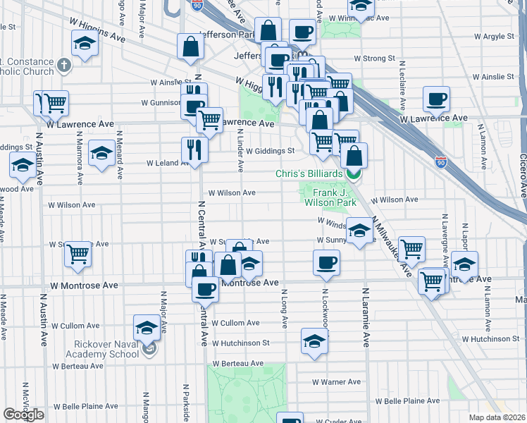 map of restaurants, bars, coffee shops, grocery stores, and more near 5425 West Wilson Avenue in Chicago
