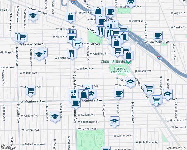 map of restaurants, bars, coffee shops, grocery stores, and more near 5440 West Windsor Avenue in Chicago