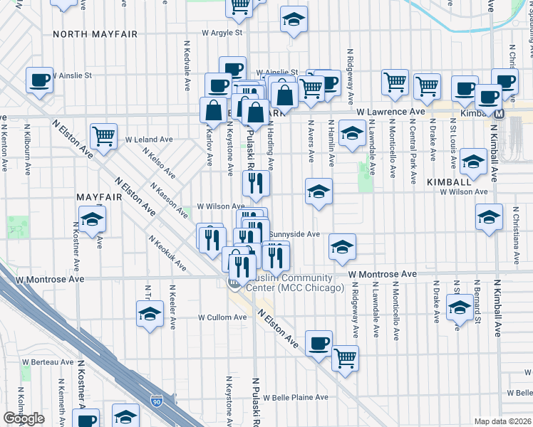 map of restaurants, bars, coffee shops, grocery stores, and more near 4530 North Harding Avenue in Chicago