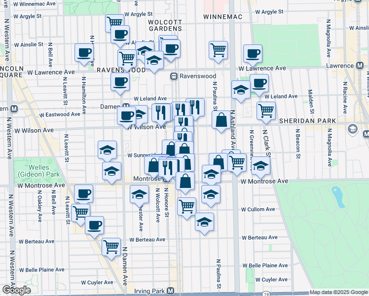 map of restaurants, bars, coffee shops, grocery stores, and more near 4507 North Ravenswood Avenue in Chicago