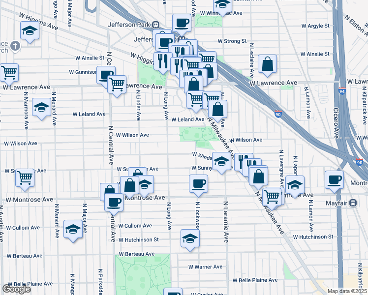 map of restaurants, bars, coffee shops, grocery stores, and more near 4548 North Lockwood Avenue in Chicago