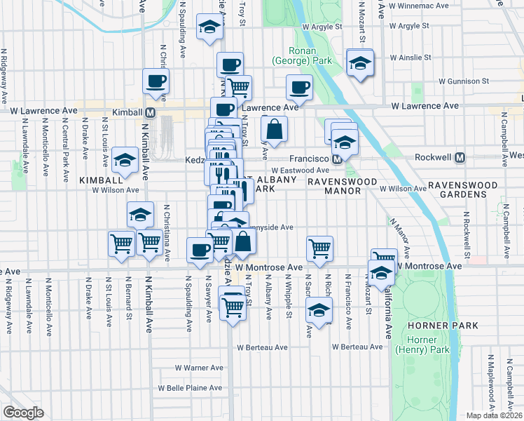 map of restaurants, bars, coffee shops, grocery stores, and more near 4531 North Troy Street in Chicago