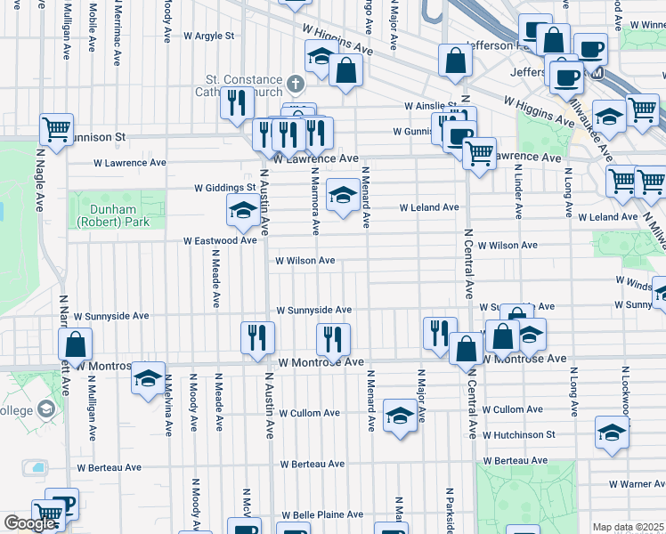 map of restaurants, bars, coffee shops, grocery stores, and more near 5843 West Wilson Avenue in Chicago