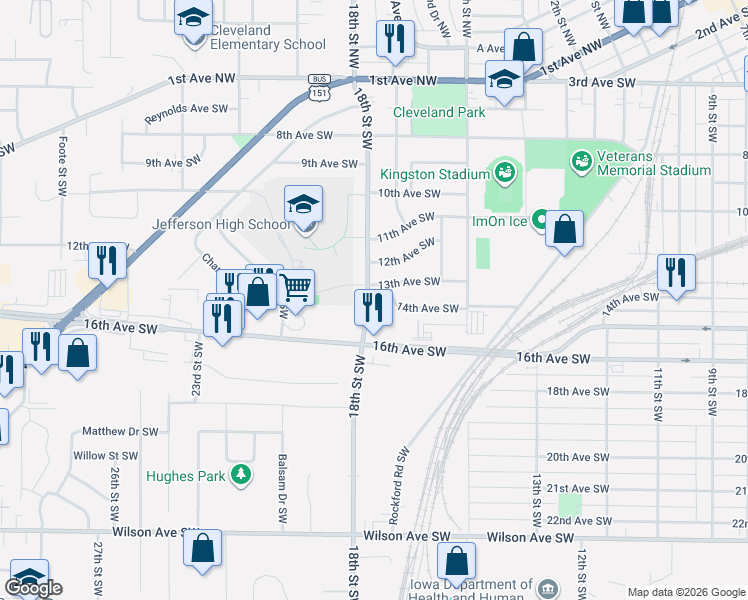 map of restaurants, bars, coffee shops, grocery stores, and more near 1304 18th Street Southwest in Cedar Rapids
