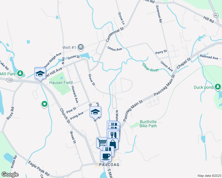 map of restaurants, bars, coffee shops, grocery stores, and more near 162 North Main Street in Burrillville