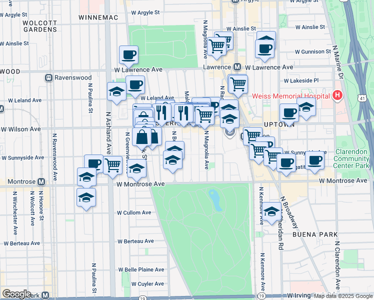 map of restaurants, bars, coffee shops, grocery stores, and more near 4512 North Malden Street in Chicago