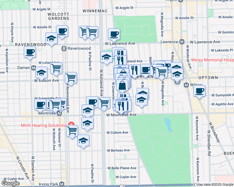 map of restaurants, bars, coffee shops, grocery stores, and more near 4517 North Greenview Avenue in Chicago