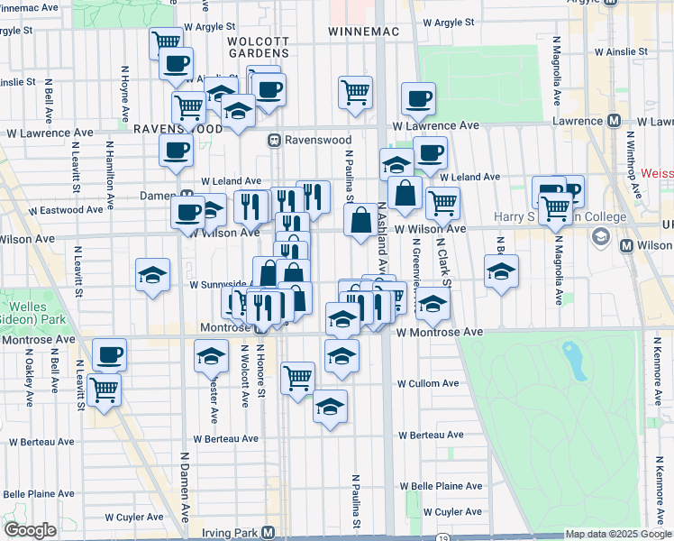 map of restaurants, bars, coffee shops, grocery stores, and more near 4517 North Hermitage Avenue in Chicago