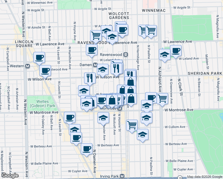 map of restaurants, bars, coffee shops, grocery stores, and more near 4520 North Wolcott Avenue in Chicago