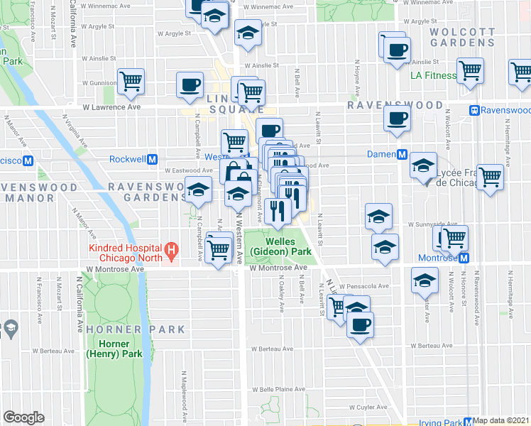 map of restaurants, bars, coffee shops, grocery stores, and more near 4525 North Claremont Avenue in Chicago