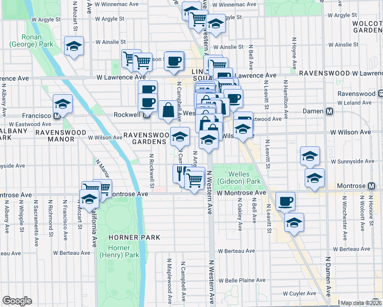 map of restaurants, bars, coffee shops, grocery stores, and more near 4531 North Artesian Avenue in Chicago