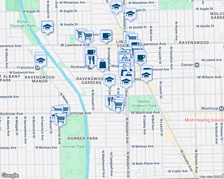 map of restaurants, bars, coffee shops, grocery stores, and more near 4529 North Campbell Avenue in Chicago