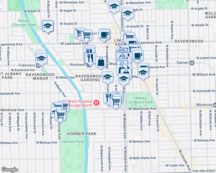 map of restaurants, bars, coffee shops, grocery stores, and more near 4529 North Campbell Avenue in Chicago