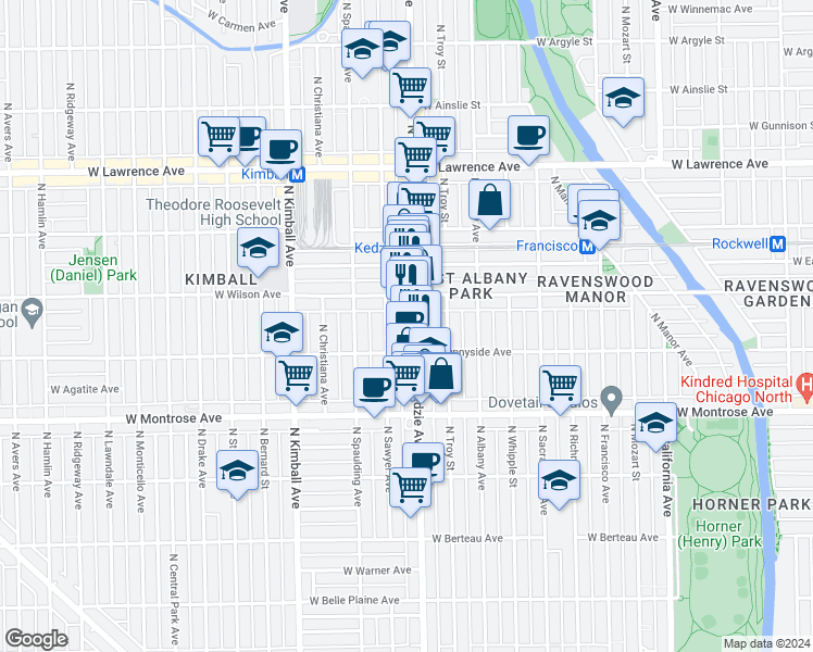map of restaurants, bars, coffee shops, grocery stores, and more near 4533 North Kedzie Avenue in Chicago