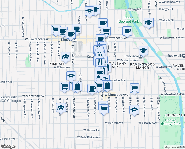 map of restaurants, bars, coffee shops, grocery stores, and more near 4533 North Sawyer Avenue in Chicago