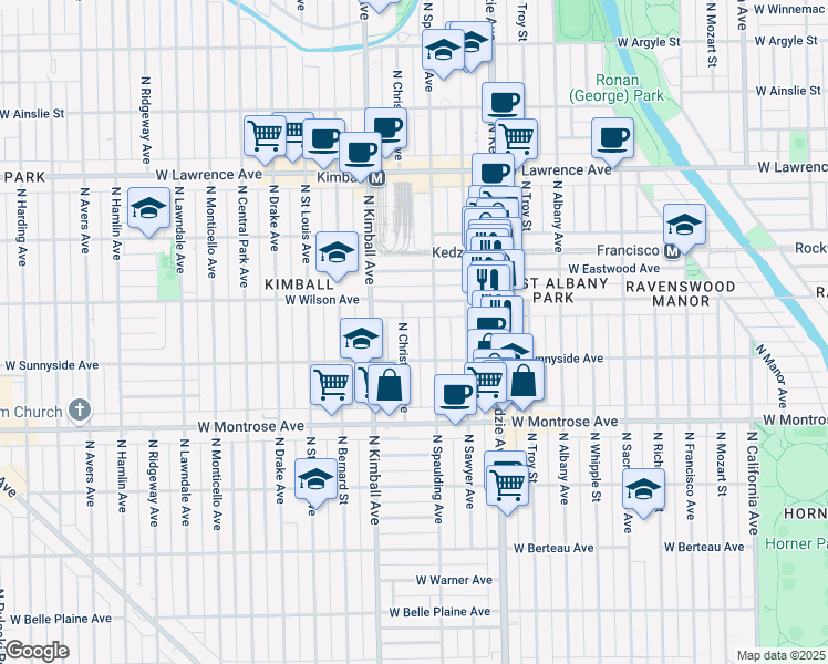map of restaurants, bars, coffee shops, grocery stores, and more near 4532 North Spaulding Avenue in Chicago