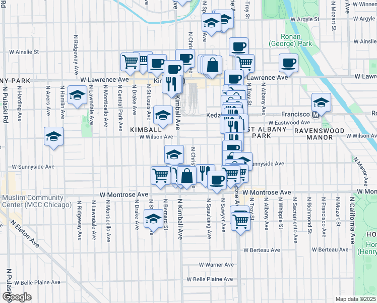 map of restaurants, bars, coffee shops, grocery stores, and more near 4534 North Christiana Avenue in Chicago