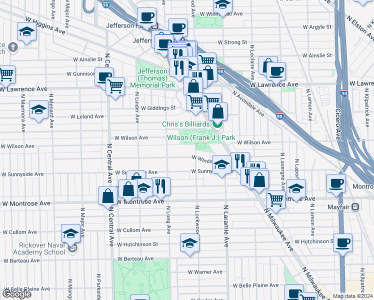 map of restaurants, bars, coffee shops, grocery stores, and more near 4548 North Lockwood Avenue in Chicago
