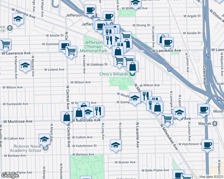 map of restaurants, bars, coffee shops, grocery stores, and more near 4548 North Lockwood Avenue in Chicago